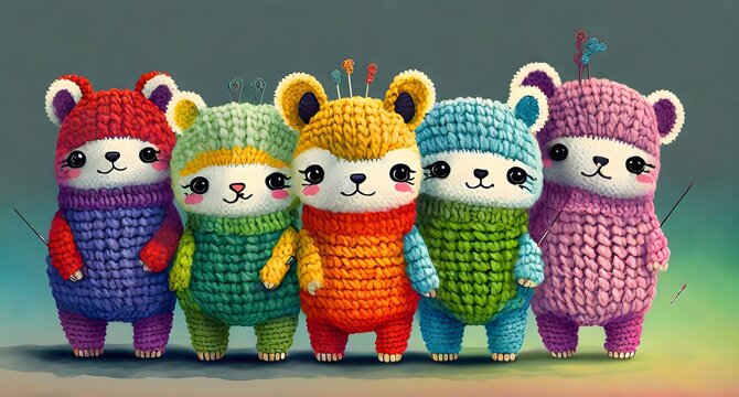 Amigurumi and crochet birds, generative ai. Crochet cute, fluffy animal set, generative ai. Crotchet art. 