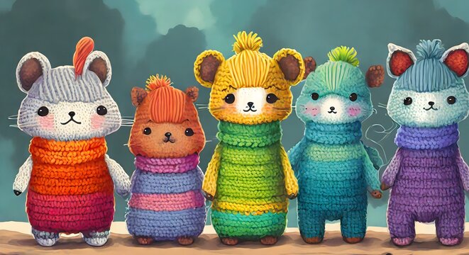 Amigurumi and crochet birds, generative ai. Crochet cute animal set, generative ai.