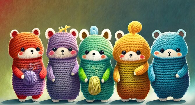 Amigurumi and crochet birds, generative ai. Crochet cute animal set, generative ai.