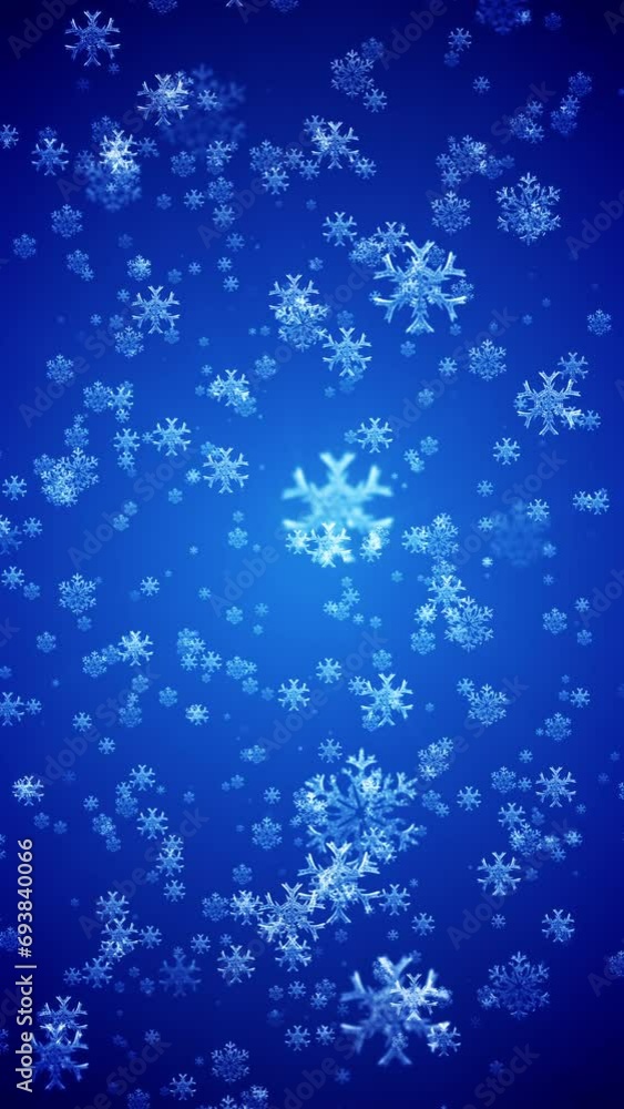 Poster vertical video animation of falling snowflakes on a blue background. abstract moving background. sea