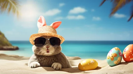 Gordijnen Happy Easter. Easter bunny on the beach, wearing sun hat and glasses. © Art.disini