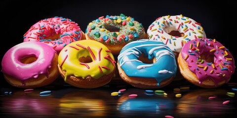 Fototapeta premium Close-up of variety of glazed delicious festive donuts with colourful sprinkles.