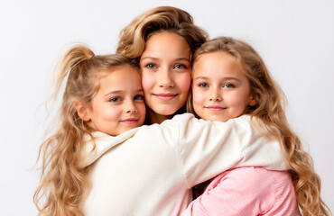 Mom and daughters hugging. Mother's Day
