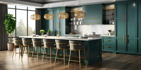 the modern teal kitchen has wooden flooring with cabinets and stools