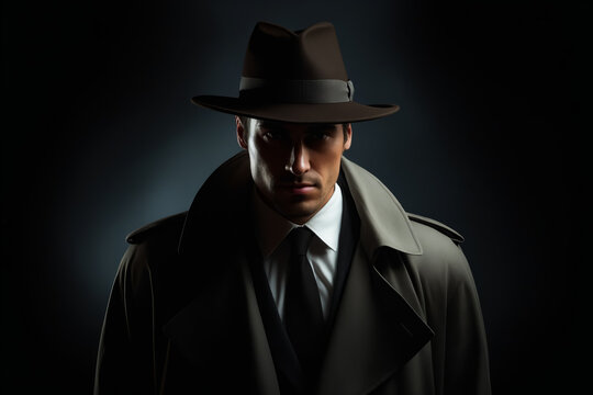 Man in trench coat and hat in dark room.