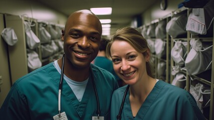 Surgeon doctors smiling showing mutual friendship and understanding, post surgery or operation scenes - obrazy, fototapety, plakaty