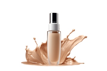 Realistic Liquid makeup foundation glass bottle with foundation beige color splash
