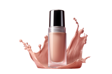 Realistic Liquid makeup foundation glass bottle with foundation beige color splash