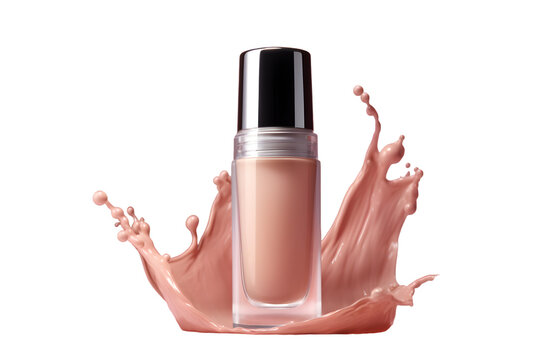 Realistic Liquid makeup foundation glass bottle with foundation beige color splash