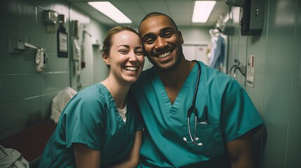 Portrait of surgeons or nurses with happy faces showing mutual connection - obrazy, fototapety, plakaty