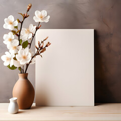 beautiful flowers in vase beside an empty frame  