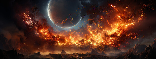 A fire ball of burning planet with volcano type bright illuminated surface and cosmic rays coming out and dark background  - obrazy, fototapety, plakaty