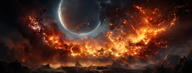 Afwasbaar Fotobehang Bruin A fire ball of burning planet with volcano type bright illuminated surface and cosmic rays coming out and dark background 