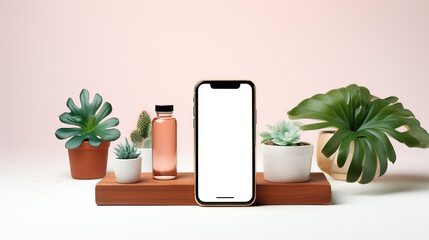 phone with empty screen and  green leaves