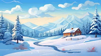 a snowy landscape with a house and a mountain