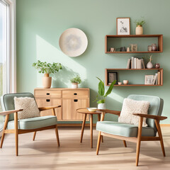 
Mint color chairs at round wooden dining table in room with sofa and cabinet near green wall. Scandinavian, mid-century home interior design of modern living room