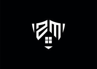 Real estate letter ZM shield shape logo and house building vector template.