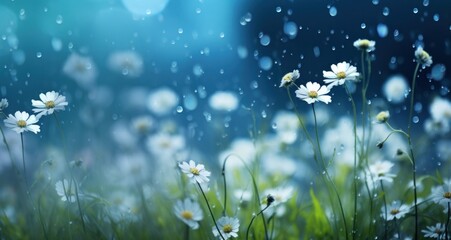 pea flowers, daisies, leaves in the rain, colorful backgrounds