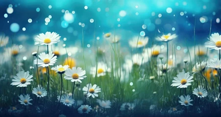 Fotobehang pea flowers, daisies, leaves in the rain, colorful backgrounds © olegganko