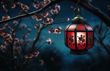 red candle lanterns on the branch of an asian tree with pink blossoms