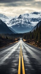 a road with trees and mountains in the background - obrazy, fototapety, plakaty