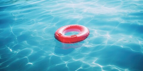 red inflatable swim ring floating in an blue pool