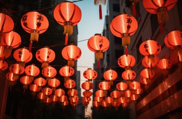 red paper lanterns hung on a street