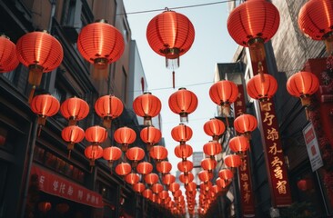 red paper lanterns hung on a street