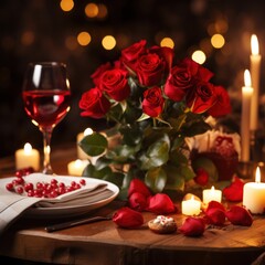 Obraz na płótnie Canvas Romantic dinner setting with red roses and candles