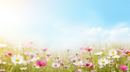 Serene meadow with blooming flowers, offering ample copy space for text