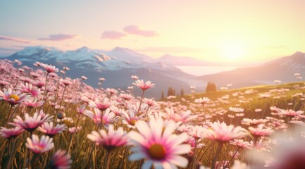 the fields are full of daisies and bright sunlight, - obrazy, fototapety, plakaty