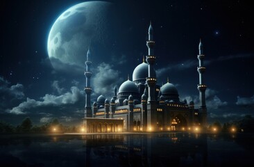 this hd wallpaper shows a mosque at night with moon lighting - obrazy, fototapety, plakaty