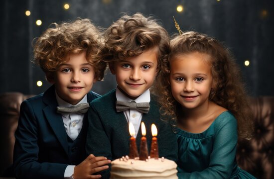three brightly lit children with birthday cake