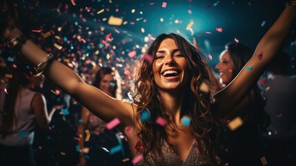 A lively adult birthday party with confetti, balloons - obrazy, fototapety, plakaty