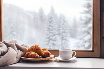 Cozy weekend vibes with steaming coffee, croissants, and a snowy window backdrop - obrazy, fototapety, plakaty