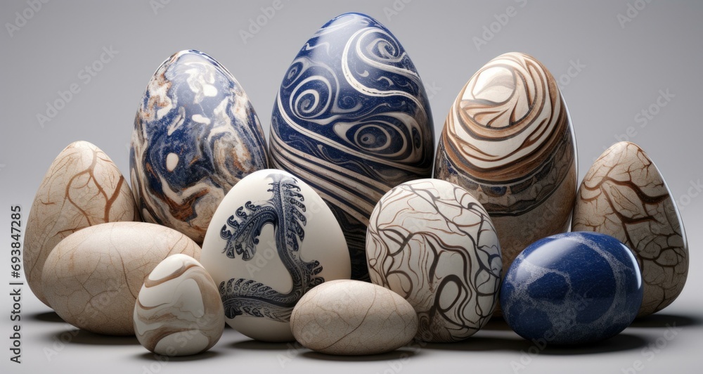 Poster a collection of intricately designed marble eggs in various patterns and colors. generative ai.