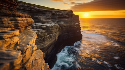 Rocky cliffs in Kilkee at sunset