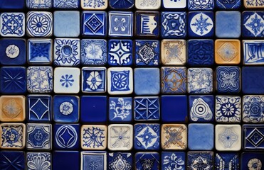 A stunning collection of artisanal blue and white ceramic tiles with intricate designs, creating a rich visual field. Generative AI.