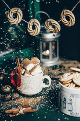 Black atmospheric Christmas mood. Festive background.