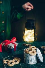 Black atmospheric Christmas mood. Festive background.