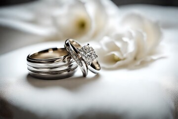 Closeup of bride and groom wedding rings on white cushion