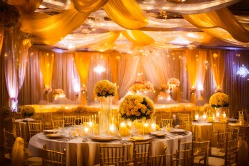 Wedding stage decoration. A beautiful reception decent lighting, the yellow lights, ange - obrazy, fototapety, plakaty
