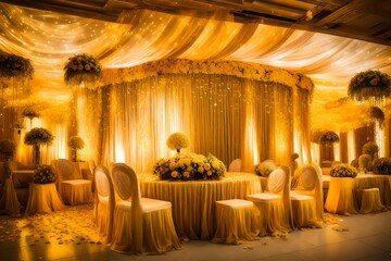 Wedding stage decoration. A beautiful reception decent lighting, the yellow lights, angel - obrazy, fototapety, plakaty