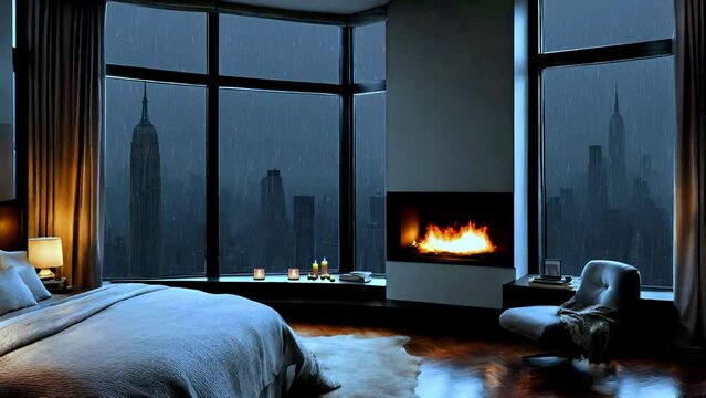 cozy bedroom rain with fireplace