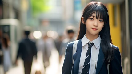 A happy, lovely japanese teenager girl walking down a complex street in downtown tokyo in a school uniform. generative AI