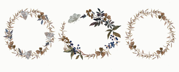 Set of floral wreaths with eucalyptus branches, viburnum and moths. Hand painted with watercolors. For cards, invitations and wedding design.