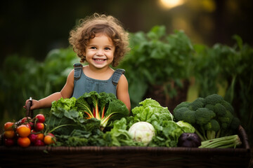 Cute little curly child with basket of fruits, vegetables and herbs in a garden