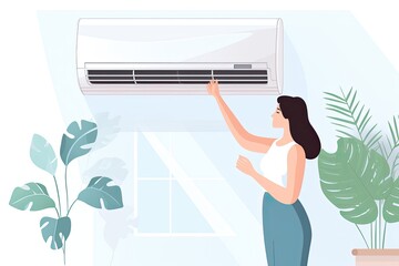 Young woman turning on the air conditioner while sitting on the sofa at home