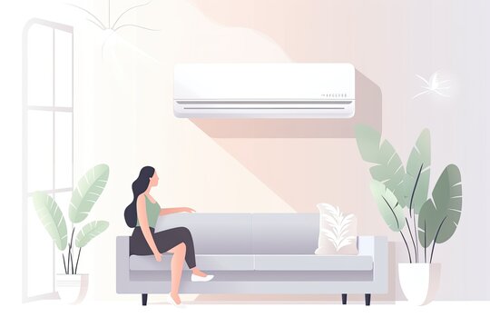Young woman turning on the air conditioner while sitting on the sofa at home