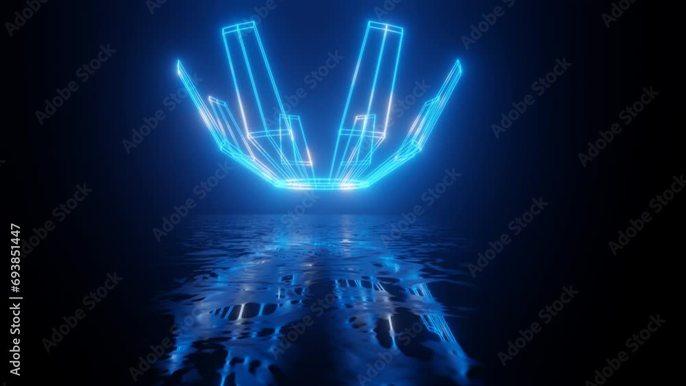 Poster neon design of flower 4k video with various neon elements and a reflecting floor. looped 3d render. 